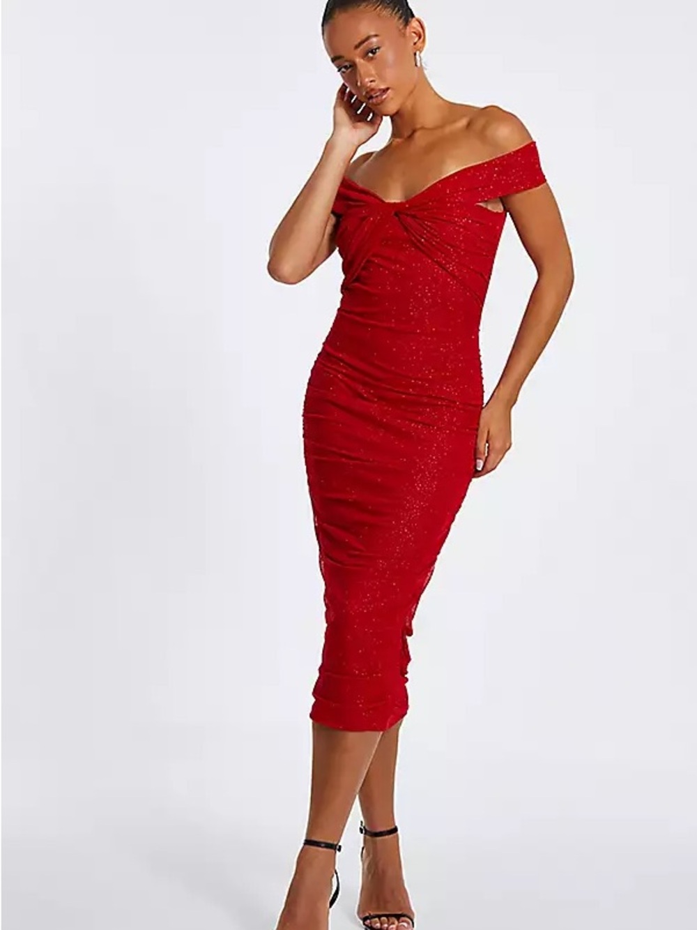 QUIZ Sparkle Red Off-Shoulder Twist Ruched Midi Dress Sz 10 NWT